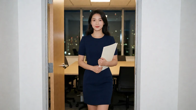 虚构成年东亚女性穿蓝色职业短裙抱文件夹站在会议室门口