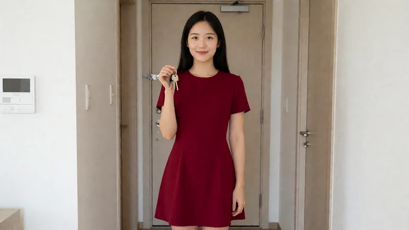 虚构成年东亚年轻人妻穿酒红色短裙站在公寓玄关手持钥匙